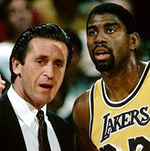 Pat Riley coaching Magic Johnson